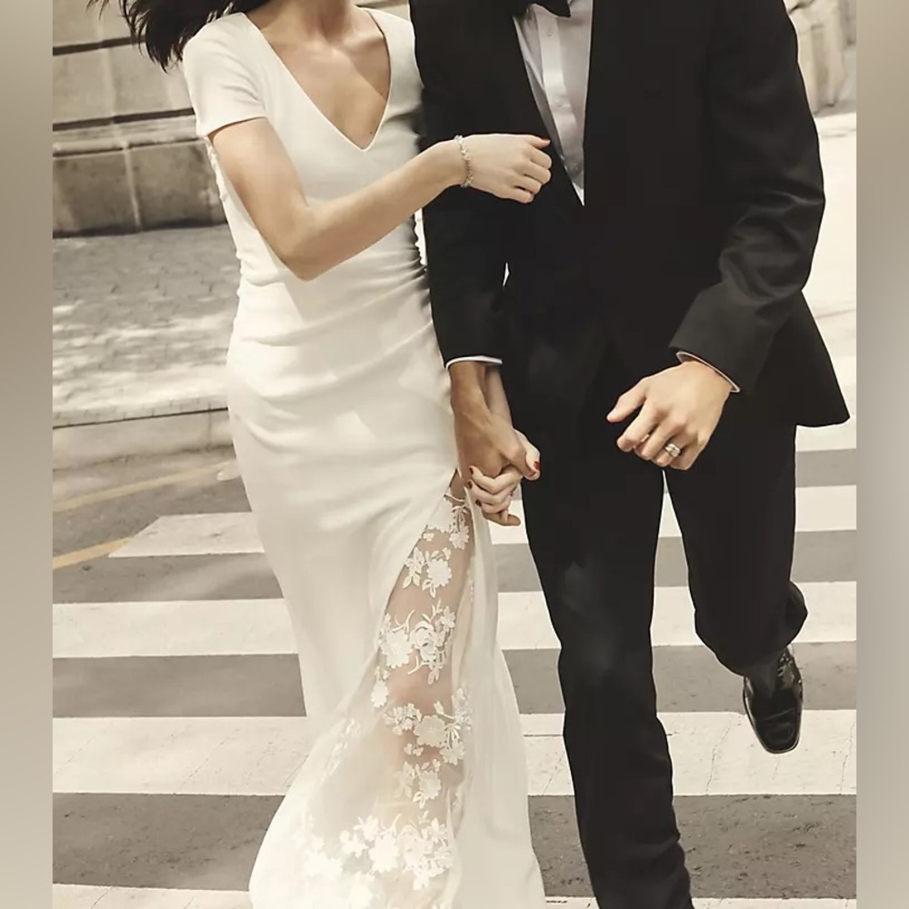 David’s Bridal Crepe Sheath Gown with Embroidered Illusion Slit